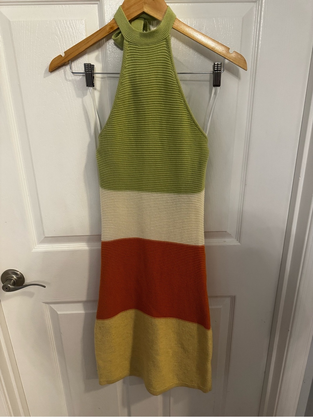 SABO Colorblock Strapless Halter Knit Dress in Green, Cream & Orange - Picture 2 of 7
